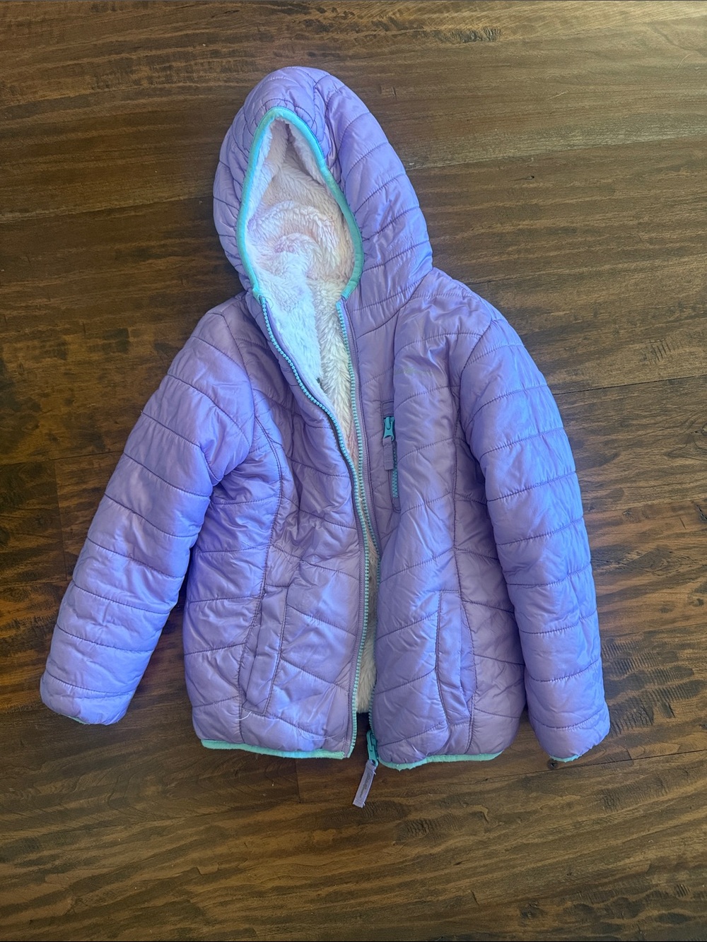 Eddie Bauer Girls' Lavender Hooded Puffer Jacket with Sherpa Trim
